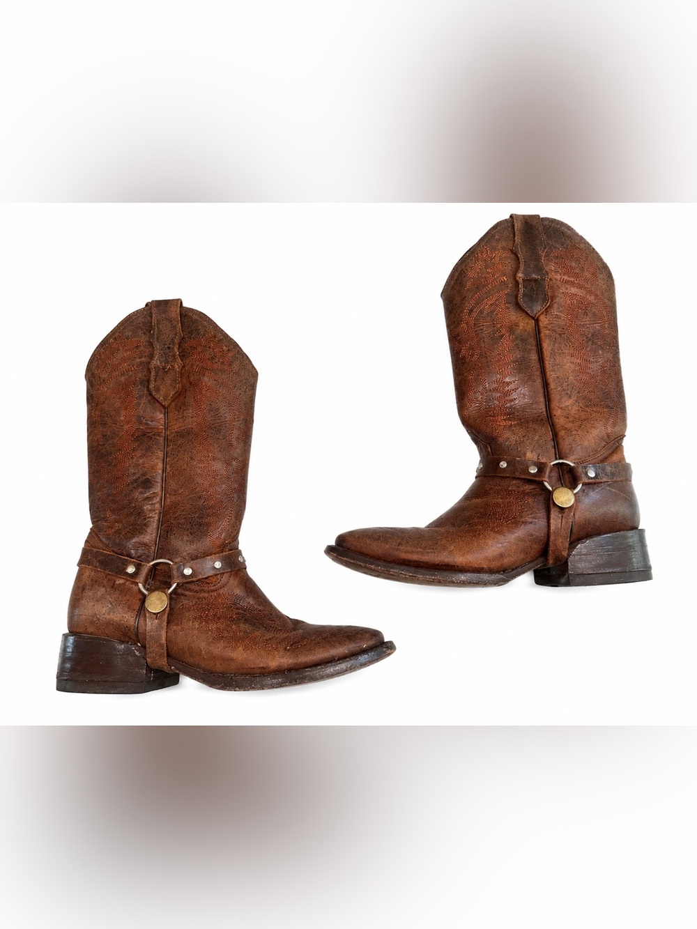 Brown Leather Western Harness Boots Women’s Square Toe Cowboy 7